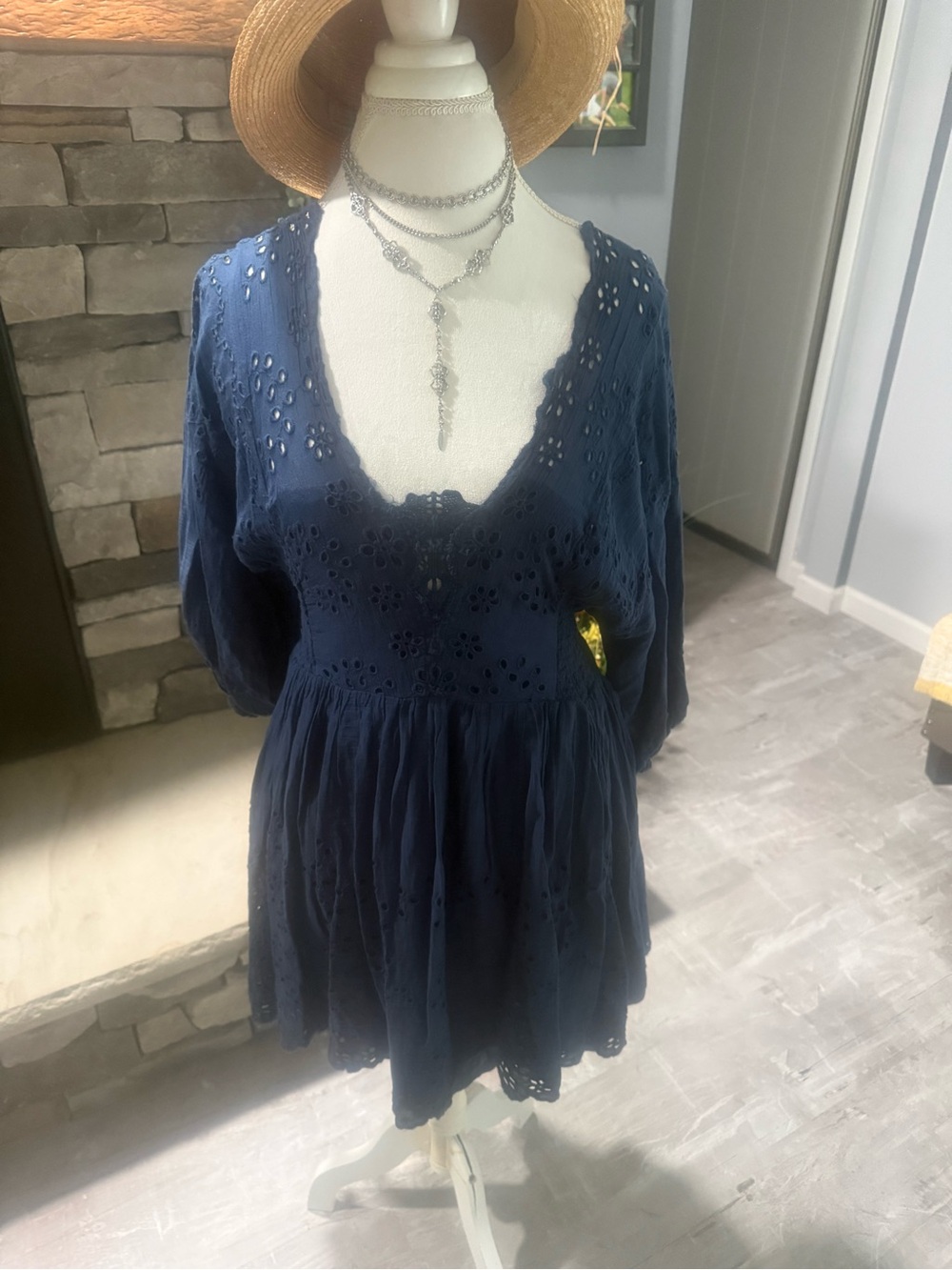 Free People Navy Eyelet Peasant Dress